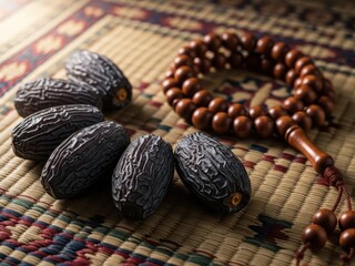 Four dark brown dates and a wooden beaded necklace on a traditional woven mat