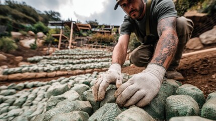 Medium shot of hands placing biodegradable erosion control mats on a sloped hillside to protect soil from water runoff and prevent soil loss naturally.