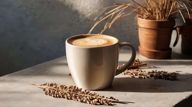 Aromatic Coffee Cup in Sunlit Setting: A beautifully styled coffee cup, holding a perfect swirl of latte art, sits in the soft embrace of sunlight. complemented by natural textures and subtle shadows.