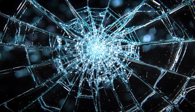 Shattered glass texture with radial crack pattern, broken glass with sharp jagged shards spreading from center impact point, spider web cracks