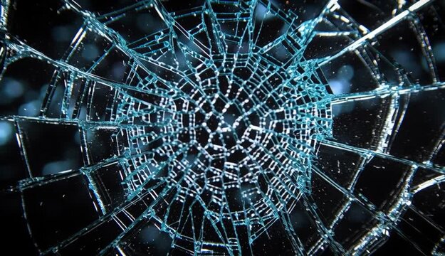 Shattered glass texture with radial crack pattern, broken glass with sharp jagged shards spreading from center impact point, spider web cracks