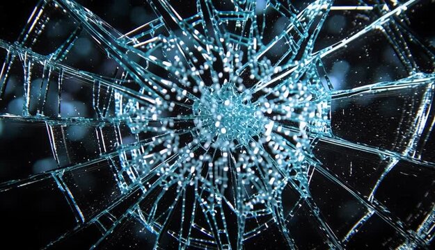 Shattered glass texture with radial crack pattern, broken glass with sharp jagged shards spreading from center impact point, spider web cracks