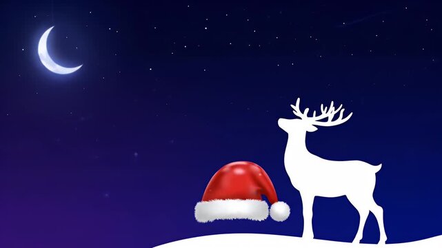 Festive Holiday: Silhouette of White Reindeer Beside Santa Hat in Winter Night Scene with Stars and Moon