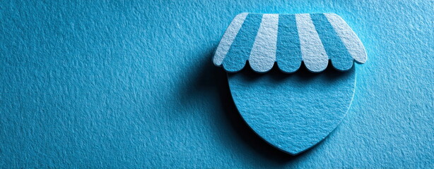 Blue Paper Shield Icon with Striped Store Awning on Textured Blue Surface World Consumer Rights Day Consumer Protection Concept Protecting Everyday Shoppers