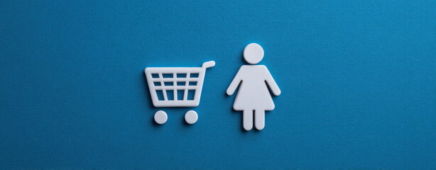 White Shopping Cart and Female Figure Icons on Blue Textured Surface World Consumer Rights Day Consumer Awareness Female Consumer Voice