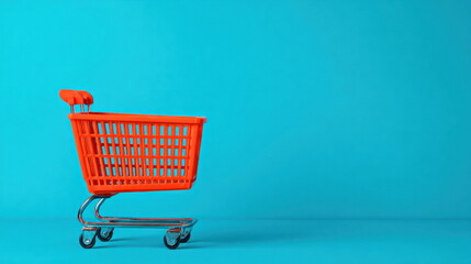 Orange Plastic Shopping Cart on Solid Blue Surface with Copy Space World Consumer Rights Day Awareness Consumer First Minimalism