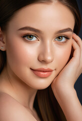 Obraz premium Elegantes Porträt einer jungen Frau mit Make-up und Hand am Gesicht