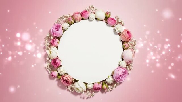 Delicate floral wreath with pink and white roses surrounding a blank circle.
