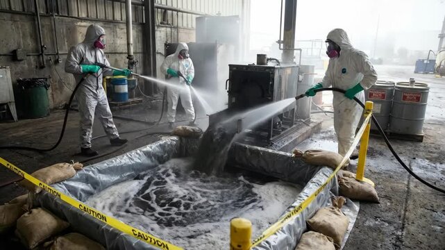 Workers in protective suits spray water on industrial equipment, managing hazardous waste in a containment area within a factory setting, ensuring safety and compliance
