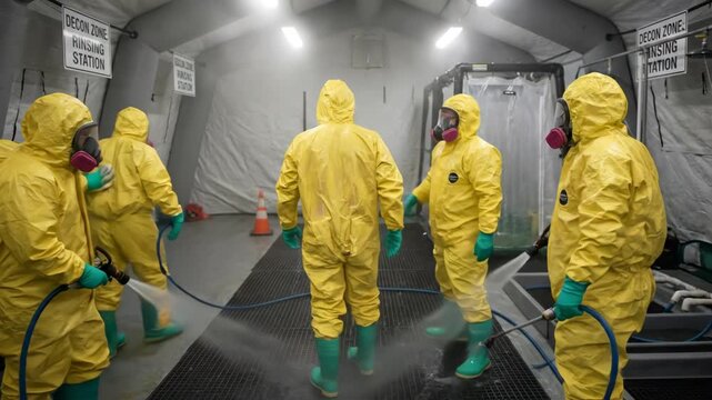 Group of five individuals in yellow protective suits and masks spraying decontamination solution on a colleague in a specialized cleaning station indoors