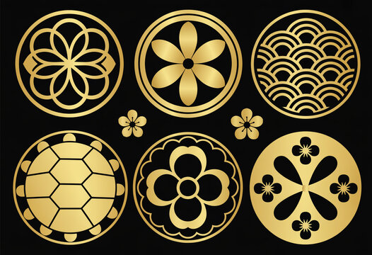 A set of seven traditional Japanese circular emblems (mon) in metallic gold against a black background