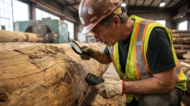 Male worker in safety vest examines wooden log with magnifying glass and moisture meter in lumber mill, surrounded by stacked logs and machinery in the background
