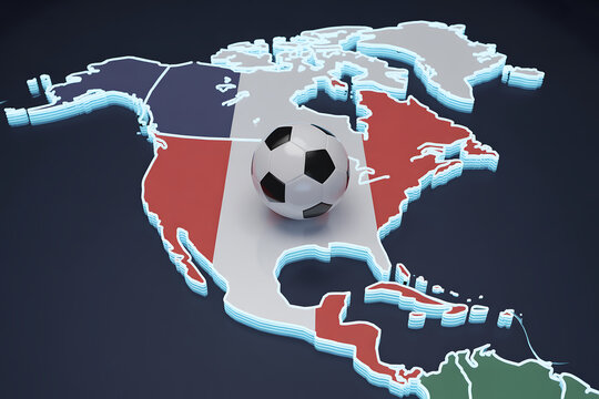 3D Soccer Ball on North America Map with Canada USA and Mexico Flags