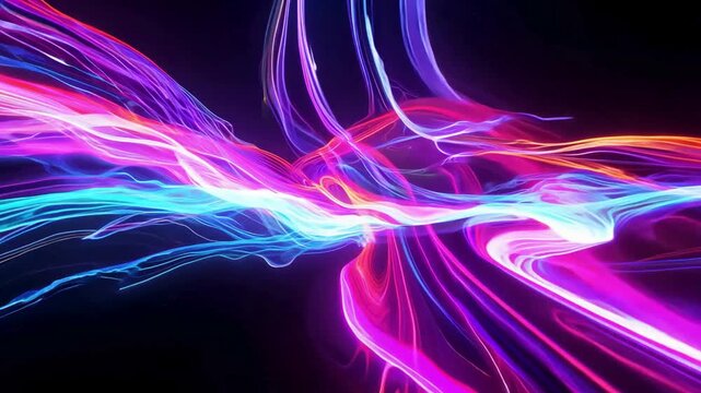 Vibrant red, blue, and yellow glowing lines moving like liquid plasma. Abstract fiber optic data wave for tech and sci-fi backgrounds.