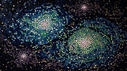 Abstract mosaic of two cosmic galaxies in deep space with star clusters
