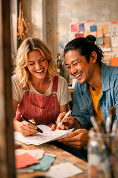 Creative couple laughing while working on sketches at a studio table, expressing teamwork connection and joyful relationships through shared creativity