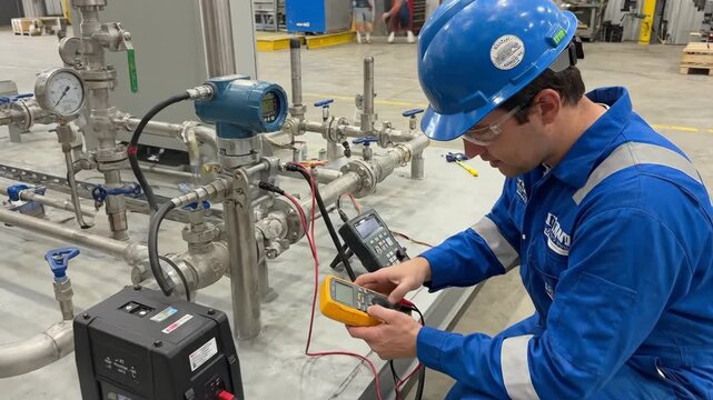 Male technician in blue coveralls uses multimeter to test electrical connections on industrial equipment in a spacious workshop with visible machinery and tools