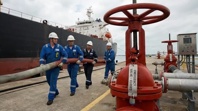 Group of male workers in blue coveralls and white helmets transport a large hose towards a ship while passing by red emergency valves on a dock