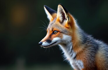 Fototapeta premium Closeup portrait of a red fox with alert amber eyes and sharp ears looking left against a dark blurred background. The wild mammal is in its natural outdoor habitat during daytime.