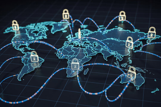 Global Cybersecurity Network with Digital Padlock for Data Protection
