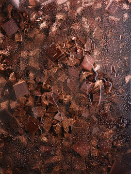 Assorted chocolate pieces are arranged on wet glass, showing broken bars and chocolate pearls. Water droplets add texture and enhance the rich tones of cocoa and sweets