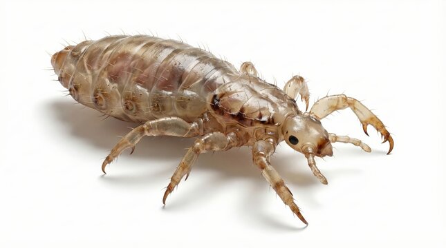 Close-up view of a single louse, a parasitic insect, on a plain white background.