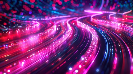 Vivid blue and pink glowing lines depict fast-moving digital information through a futuristic cyber network, symbolizing data speed and technology.