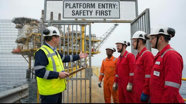 Male safety officer in reflective vest checks clipboard while four workers in helmets and coveralls stand by entry gate of offshore oil platform with safety sign visible