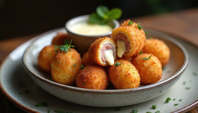 Crispy croquettes made with toast bread ham and camembert cheese filling served with dip. Savory snack with melted cheese oozing out. Appetizer for parties or comfort food.