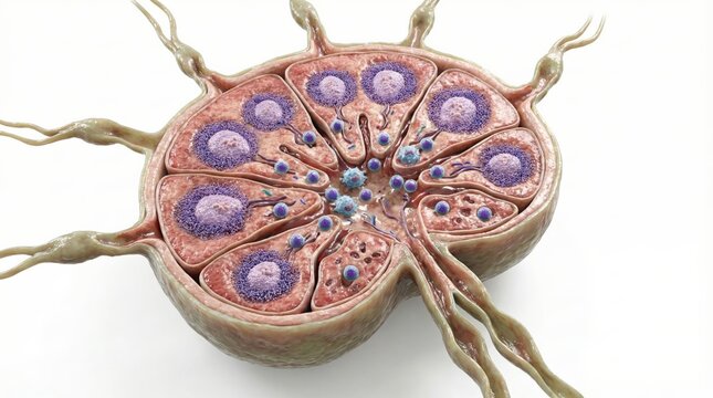 Microscopic view of a lymph node, showcasing its internal structure with germinal centers and afferent lymphatic vessels.
