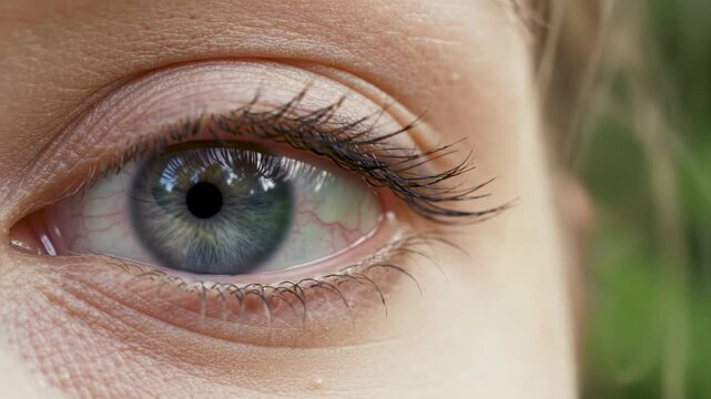 Extreme close-up video of young caucasian woman's left eye, subtly blinking. Razor-sharp blue iris, long dark lashes, creamy green bokeh background. Hyper-realistic nature study
