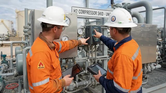 Two male technicians in orange work uniforms inspect H2 compressor skid unit, checking gauges and using tablets in an industrial setting with pipes and machinery visible