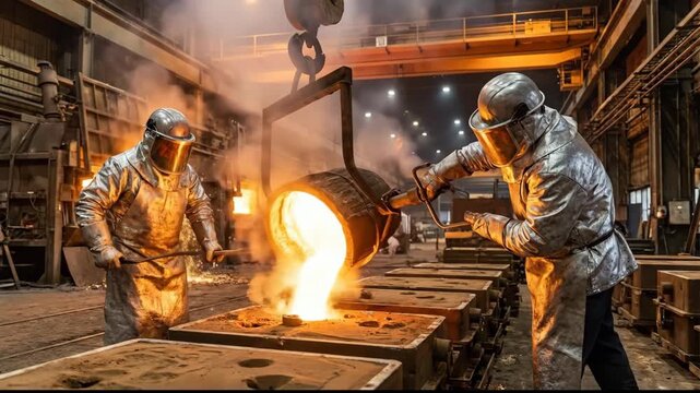 Two male workers in protective gear pour molten metal from a ladle into molds in a foundry, showcasing the intense heat and industrial environment of metal casting