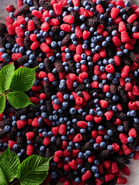 A variety of fresh berries including raspberries, blueberries, and blackberries are placed together. Green leaves frame the scene, highlighting the produce. This is typical during summer