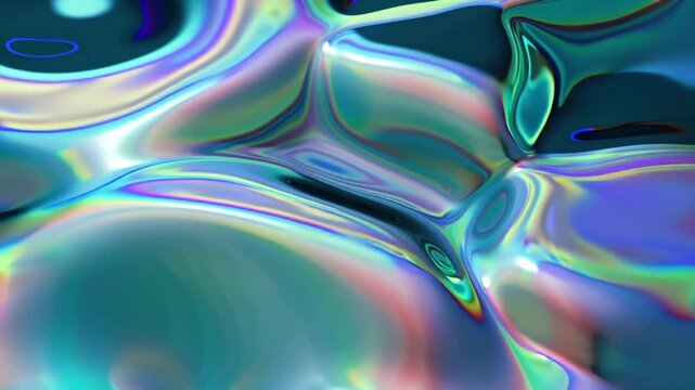 4K cinematic animation holographic liquid metal splashing flowing, abstract 3D pearlescent gradient drops morphing geometric shapes, dynamic fluid motion reflections, metallic iridescent surfaces