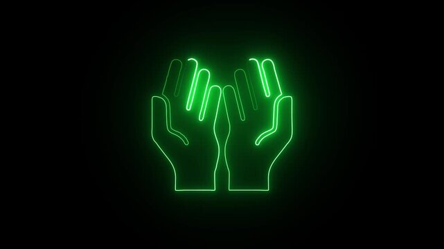Glowing neon hands in prayer pose on black background futuristic spiritual digital art minimalist design glowing green light