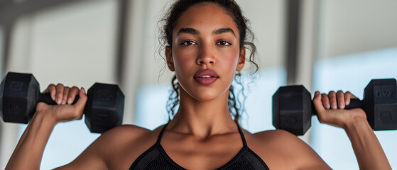 Naklejka premium A determined young woman confidently lifts dumbbells, showcasing strength and focus in a modern gym environment.