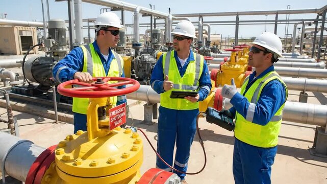 Three male technicians in blue coveralls and safety helmets inspect yellow valve and check tablet device in industrial facility with pipes and equipment in the background