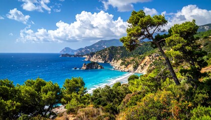 Obraz premium A scenic coastal view with lush greenery, turquoise water, and mountains under a blue sky