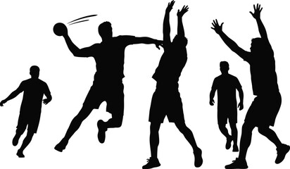 Silhouettes of dynamic athletes intensely playing a game of handball against a white background suggest competitive team action.