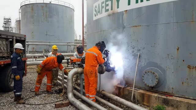 Group of workers in safety gear using cutting tools on a large metal tank at an industrial site, with visible pipes and storage tanks in the background