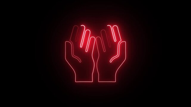 Glowing red neon hands praying in dark background spiritual meditation worship light modern art design