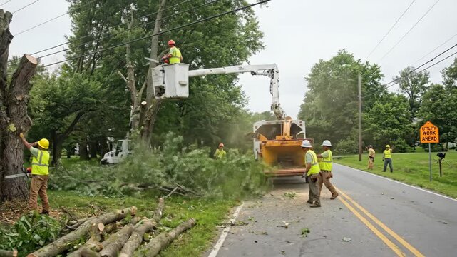 Crew of workers in yellow helmets and vests using a bucket truck to trim trees and clear branches along a residential road with a chipper truck nearby