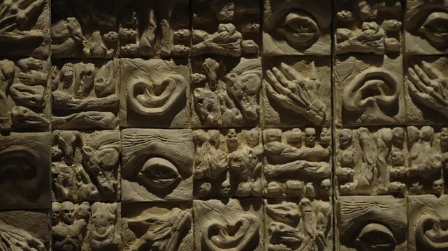 Close-up view of a wall-sized grid of sculpted tiles featuring surreal anatomical reliefs of eyes, ears, hands, faces, and organic forms, creating a ceramic mosaic installation