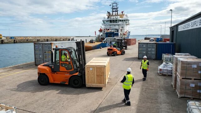 Two workers in safety gear direct a forklift transporting a wooden crate at a busy shipping dock with a large vessel and containers in the background