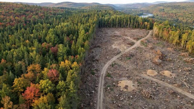 Aerial view of deforestation process showing cleared land beside vibrant forest with colorful autumn foliage and dirt road winding through the landscape