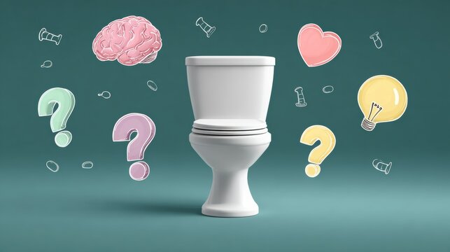 A toilet with a brain, heart, and lightbulb on it. The toilet is surrounded by questions and other random objects. The image is meant to be humorous and playful, with the toilet being the main focus