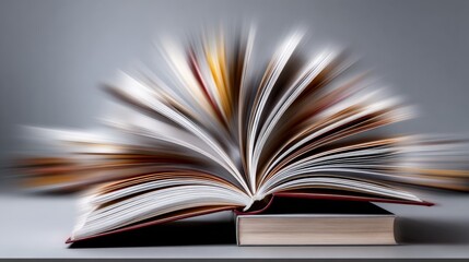 Fototapeta premium A book is open to a page with a blurry background. The book is red and has a brown spine. The page is filled with text and the book appears to be a novel