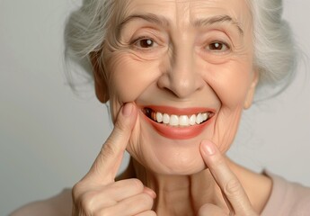 Close-up of a cheerful elderly woman touching her cheeks and showing off her bright, healthy smile with joy and pride.