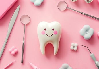 3D illustration of a happy cartoon tooth with pink cheeks surrounded by dentist tools on a soft pink background, symbolizing oral care.